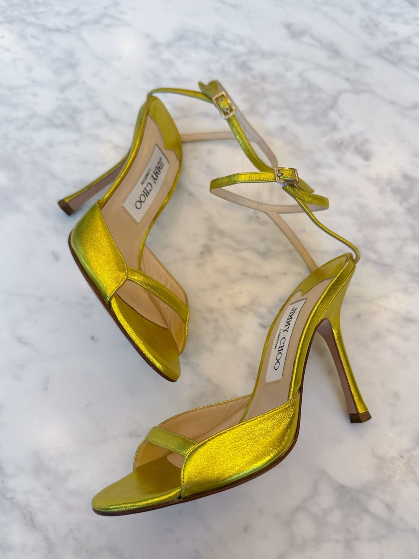 Jimmy Choo Metallic Leather Heels in Nappa Acid Lime Yellow (36)