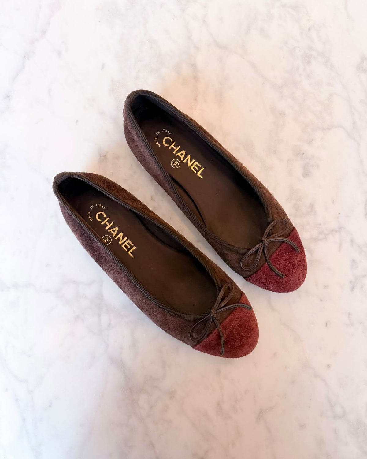 Chanel Chocolate Brown & Burgundy Suede Cap-Toe Ballet Flats (36.5)