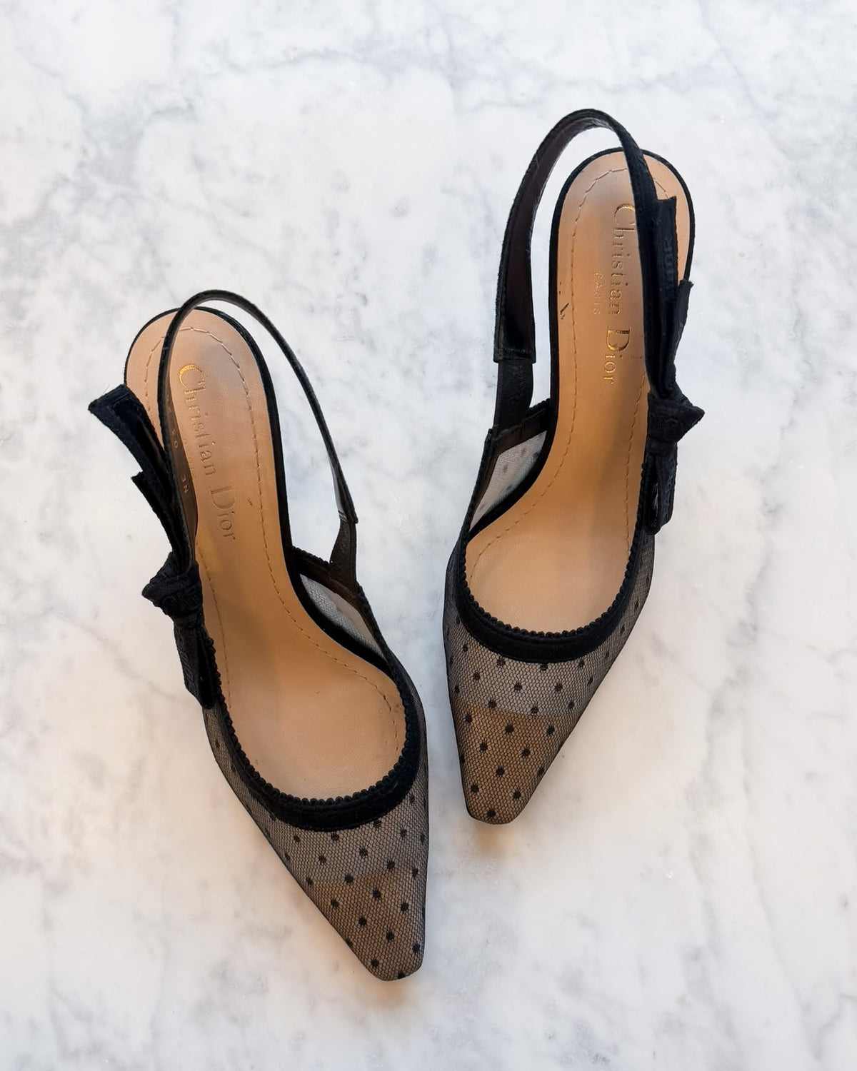 Dior J’Adior Polka Dot Mesh Slingback Heels (36)