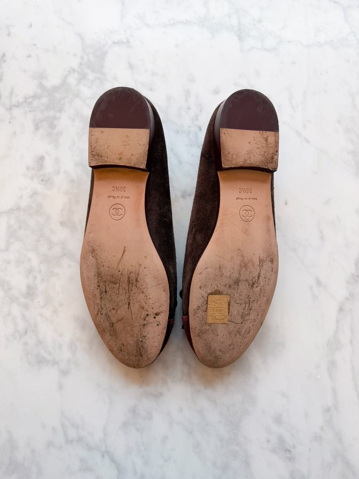 Chanel Chocolate Brown & Burgundy Suede Cap-Toe Ballet Flats (36.5)
