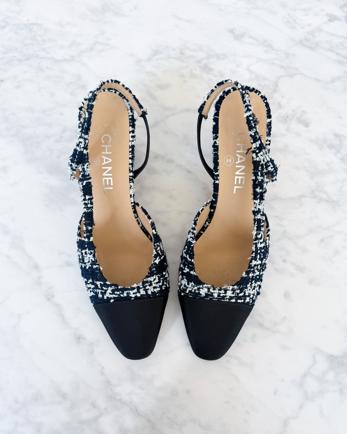 Chanel Navy Blue & Shimmer Tweed CC Slingbacks (38.5)