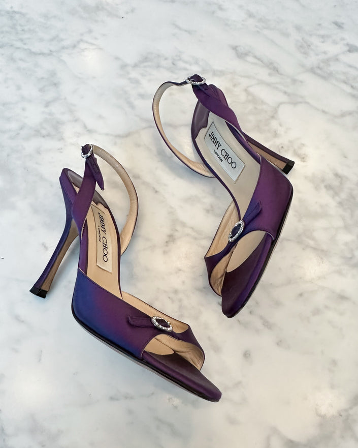 Jimmy Choo Purple Satin Leather Crystal Buckle Heels (36.5)