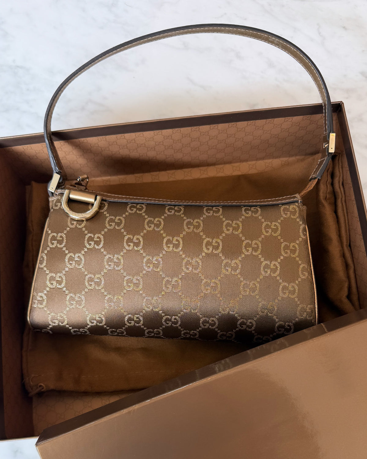 Gucci Bronze Brown GG Monogram Shimmer Satin & Leather Shoulder Bag with Gold Hardware