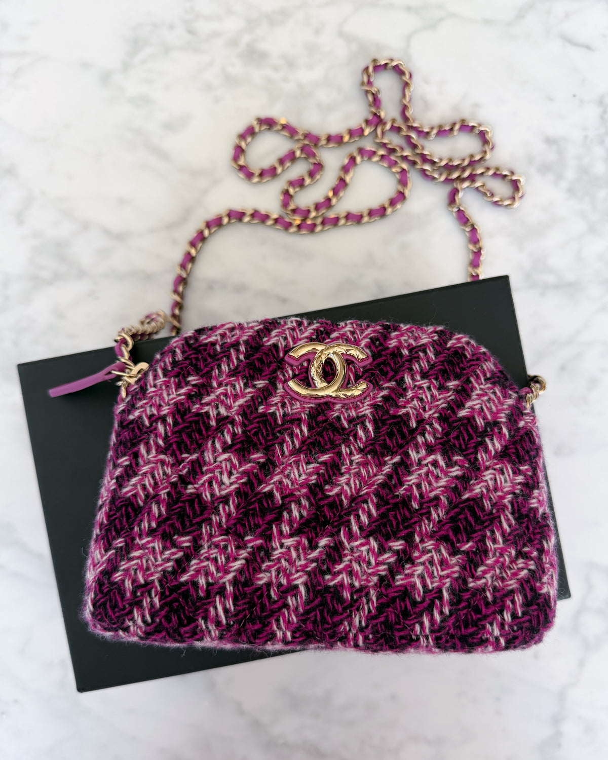 UNWORN Chanel Pink and Purple Tweed CC Chain Shoulder Bag with Gold Hardware
