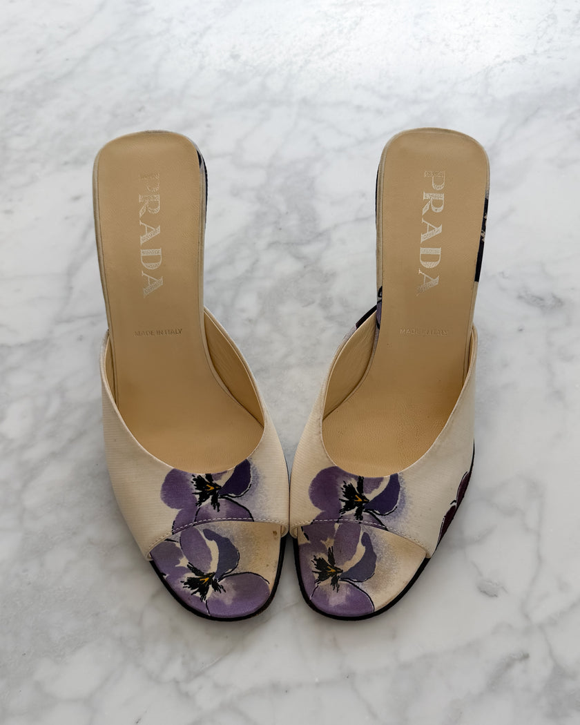 Prada F/W 2000 Silk Floral Mules with Lizard-Covered Heel (36)