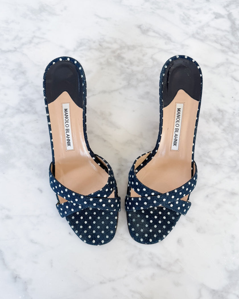 Manolo Blahnik Navy Polka Dot Kitten Heel Mules (38)