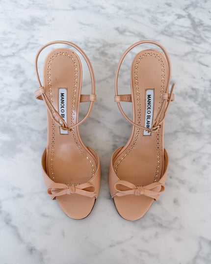 UNWORN Manolo Blahnik Nude Pink Leather Bow Slingback Heels (37)