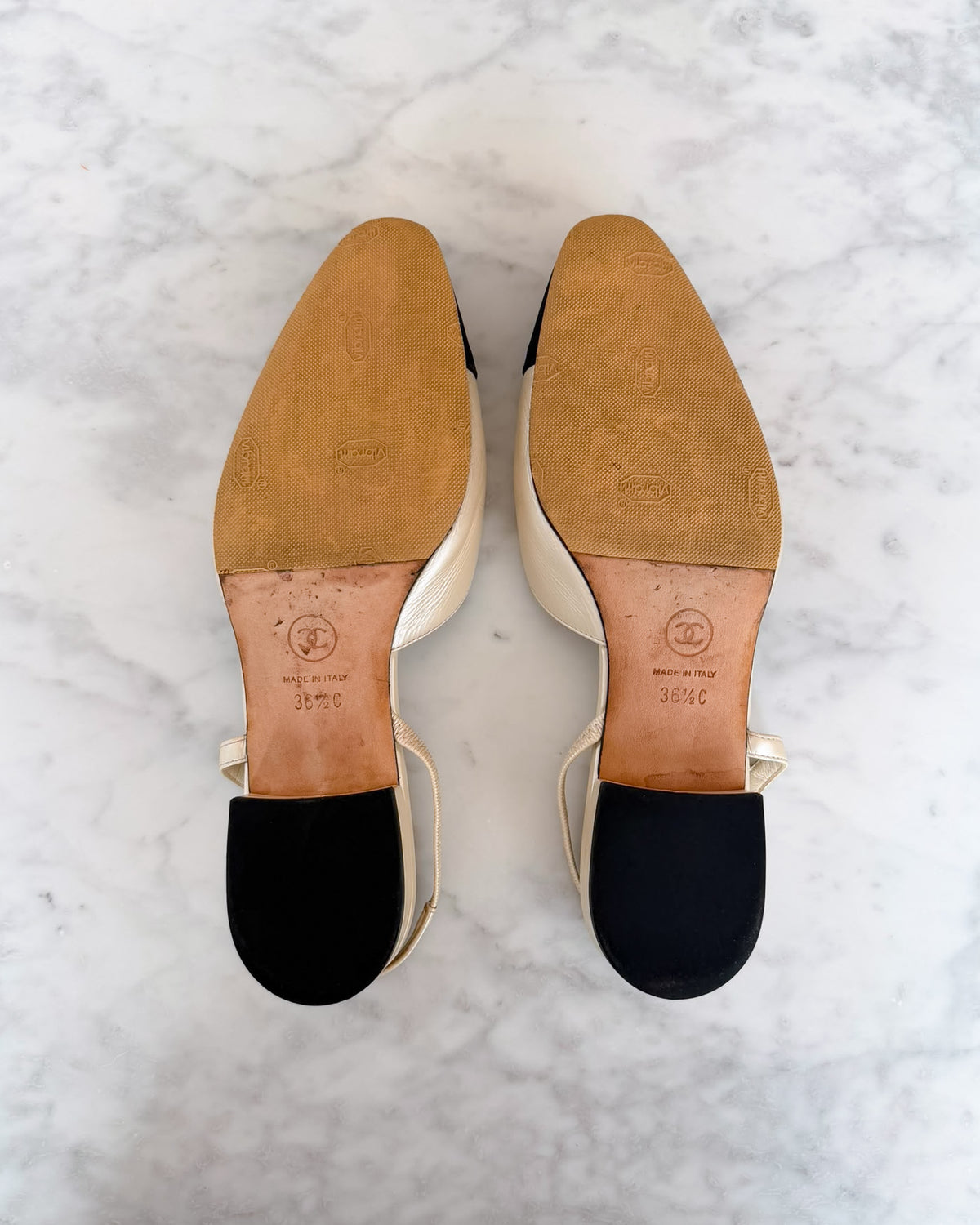 Chanel Pearl White & Black CC Cap Toe Slingbacks (36.5)
