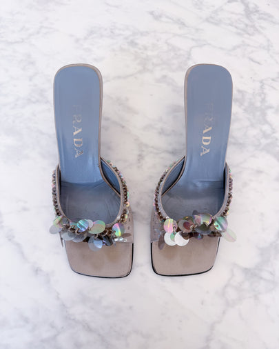 Archival Prada Silver & Baby Blue Satin Sequin Embellished Kitten Heel Mules (38) - VERY RARE