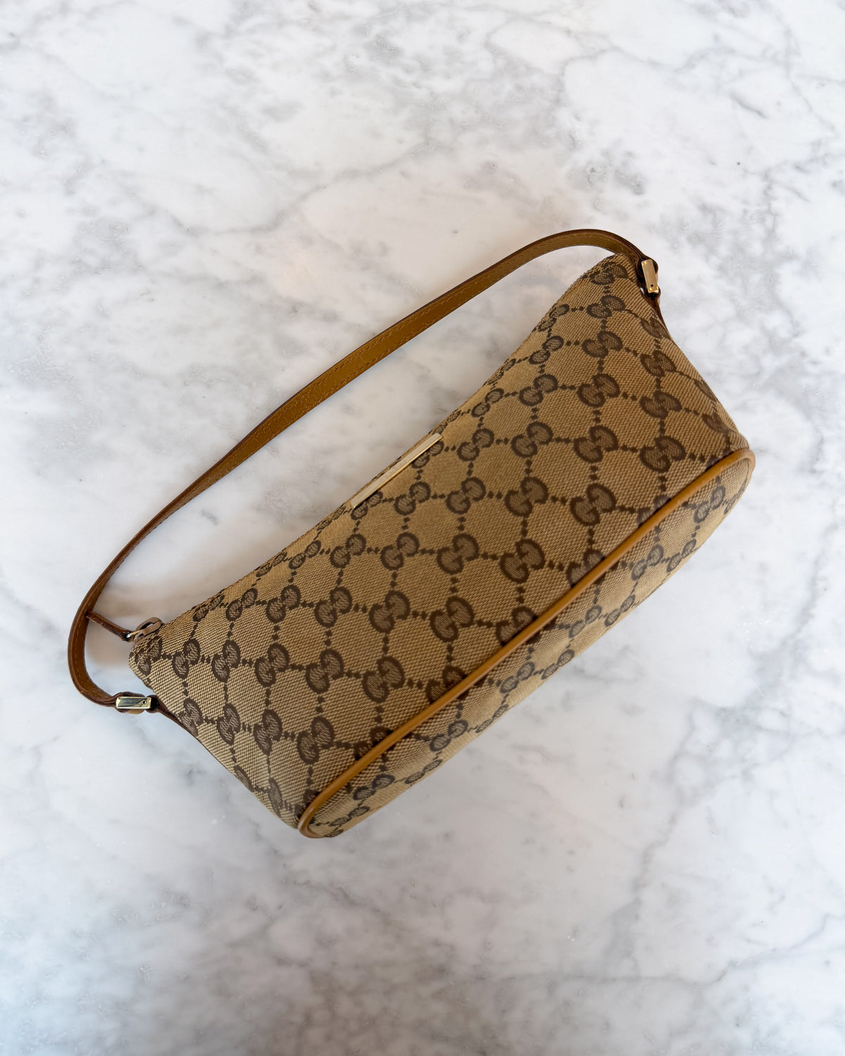 Gucci Beige & Brown GG Monogram Canvas Boat Bag with Beige Handle