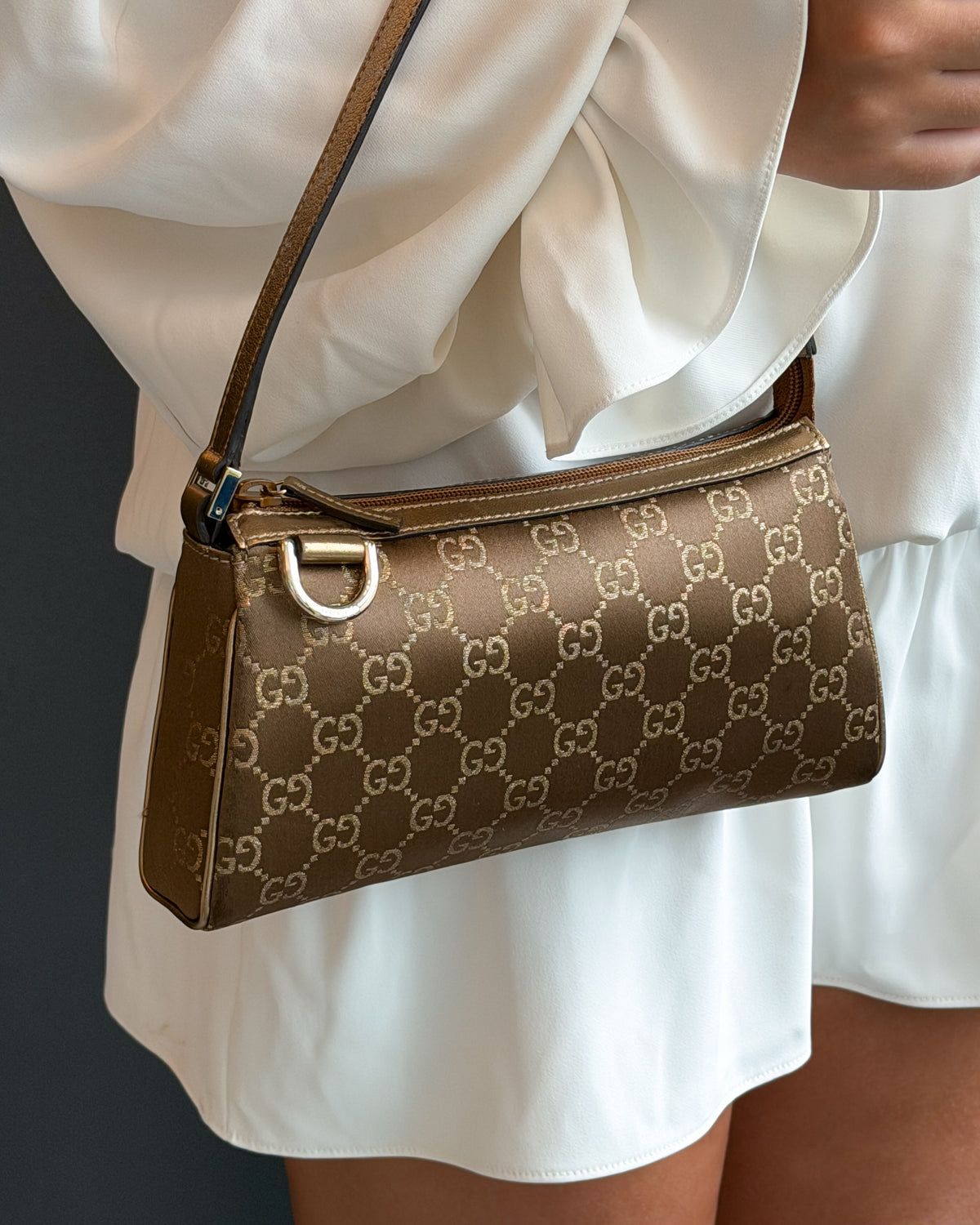 Gucci Bronze Brown GG Monogram Shimmer Satin & Leather Shoulder Bag with Gold Hardware