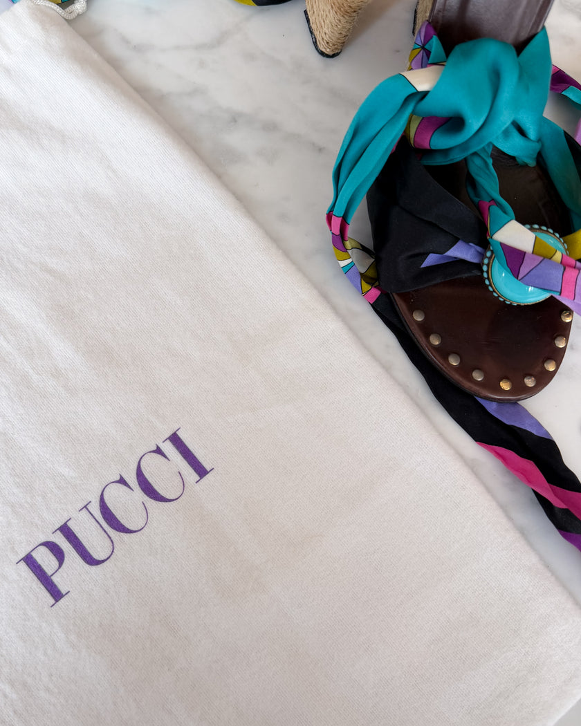 Emilio Pucci Multicolour Print Bow Wedge Sandals (38)