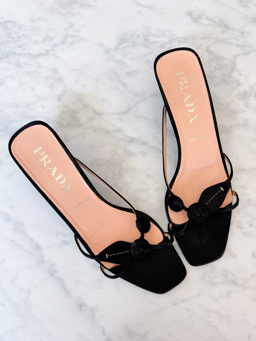 Archival Prada Black Satin Rose Kitten Heel Mules (38.5)