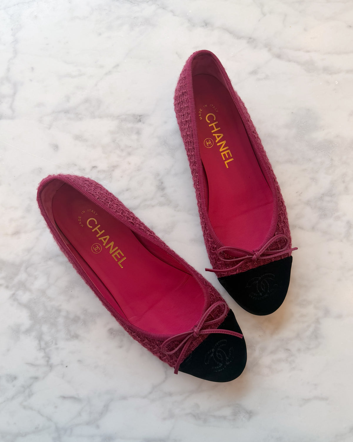 Chanel Burgundy Tweed with Silver Thread & Black Velvet CC Ballet Flats (36.5)