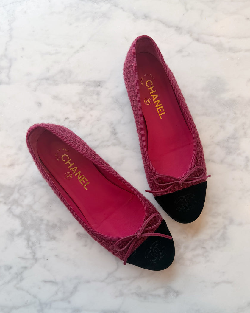 Chanel Burgundy Tweed with Silver Thread & Black Velvet CC Ballet Flats (36.5)