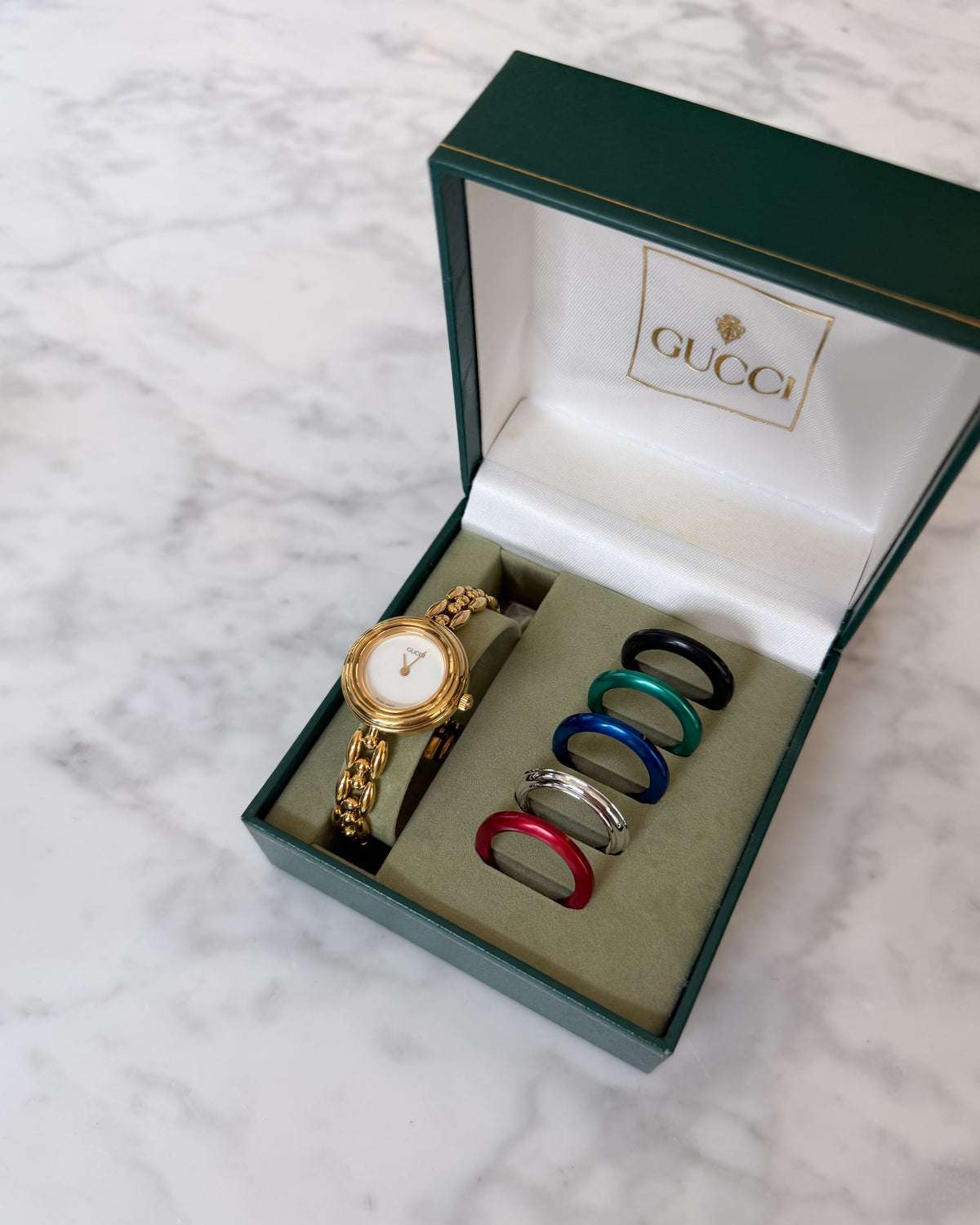 Vintage Gucci Gold Bracelet Watch - Full Set with 6 Interchangeable Bezels & Original Box