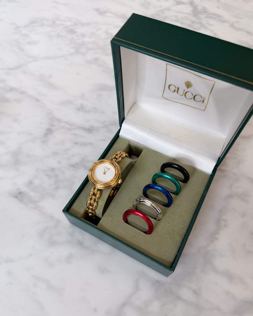 Vintage Gucci Gold Bracelet Watch - Full Set with 6 Interchangeable Bezels & Original Box