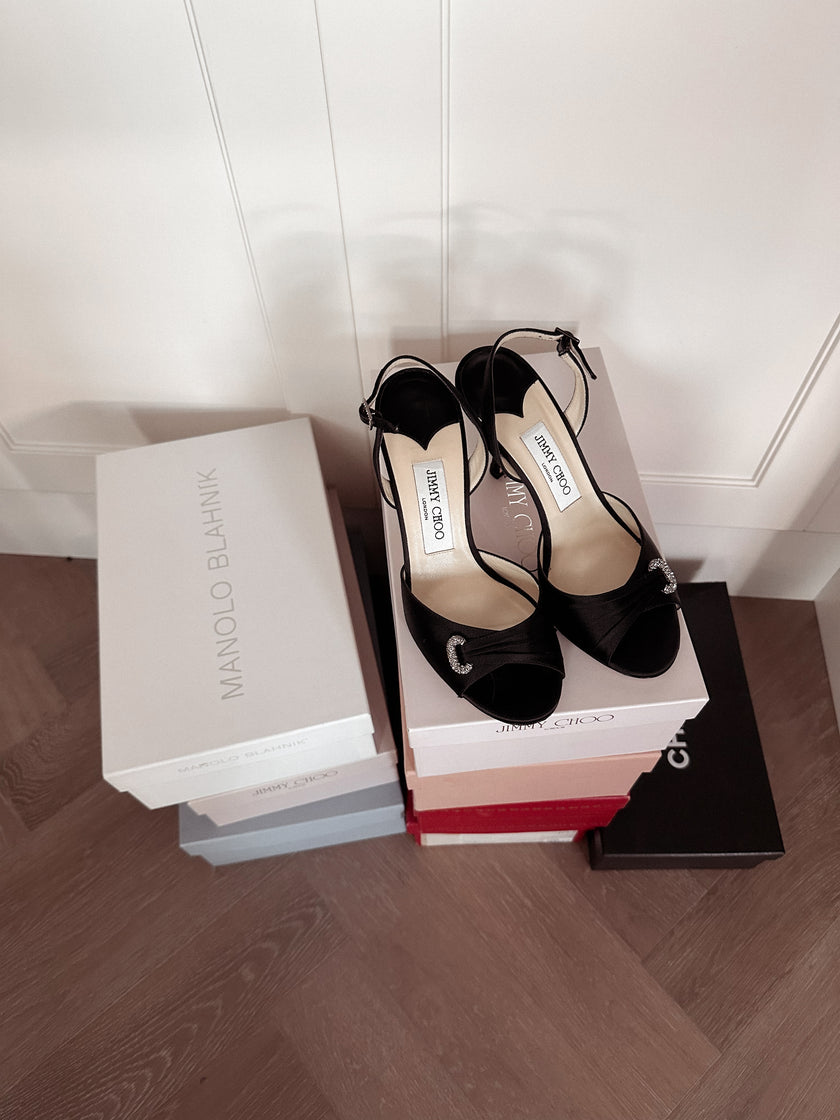 Jimmy Choo Black Satin Destino Heels with Crystal Buckles (36.5) RRP $630