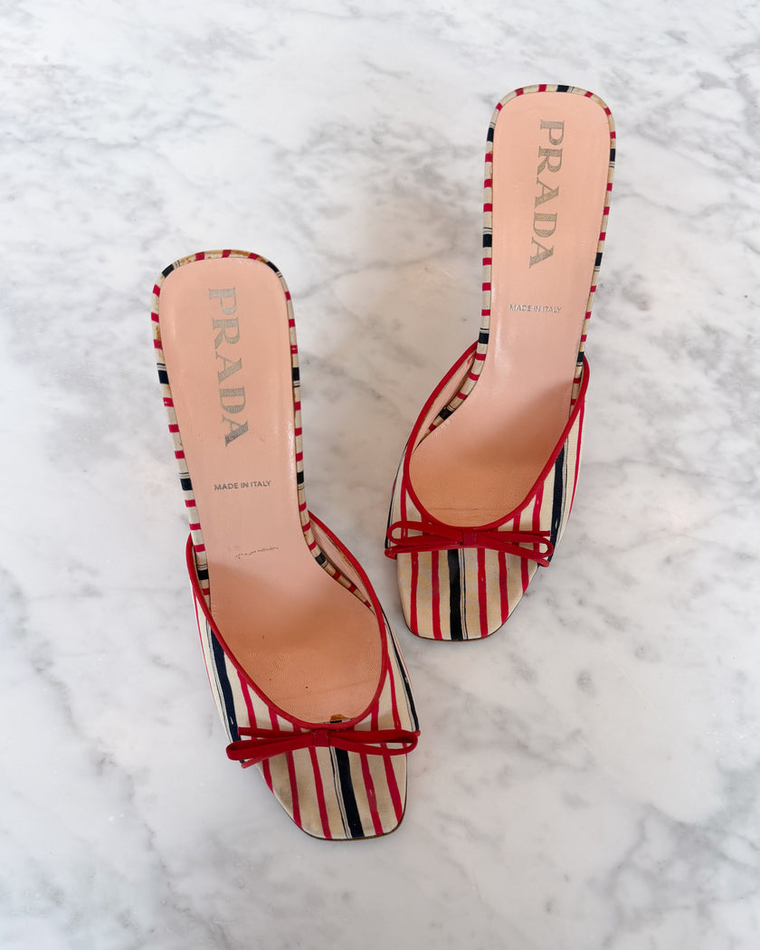Prada 2000s Red & Navy Striped Canvas Mule Heels with Bows (38)