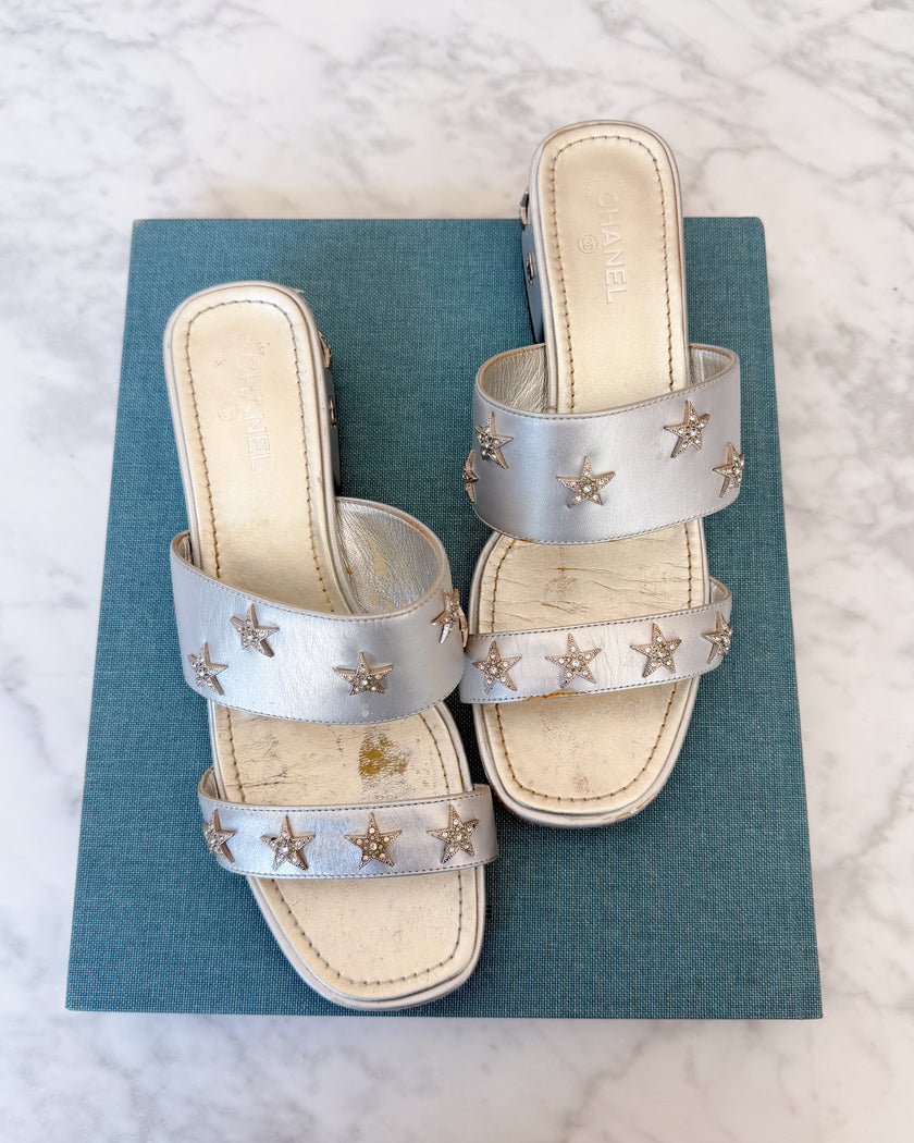 Chanel Star Embellished Slide Sandals (37)