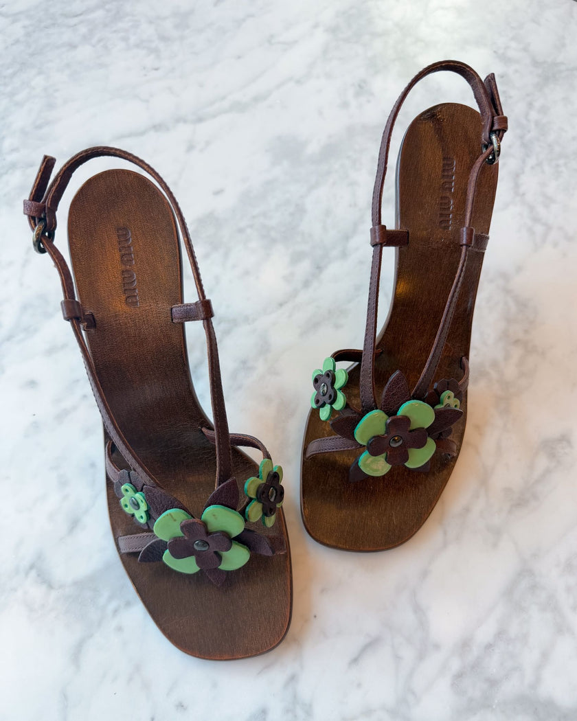 Miu Miu Floral Brown and Mint Green Sandals (39)