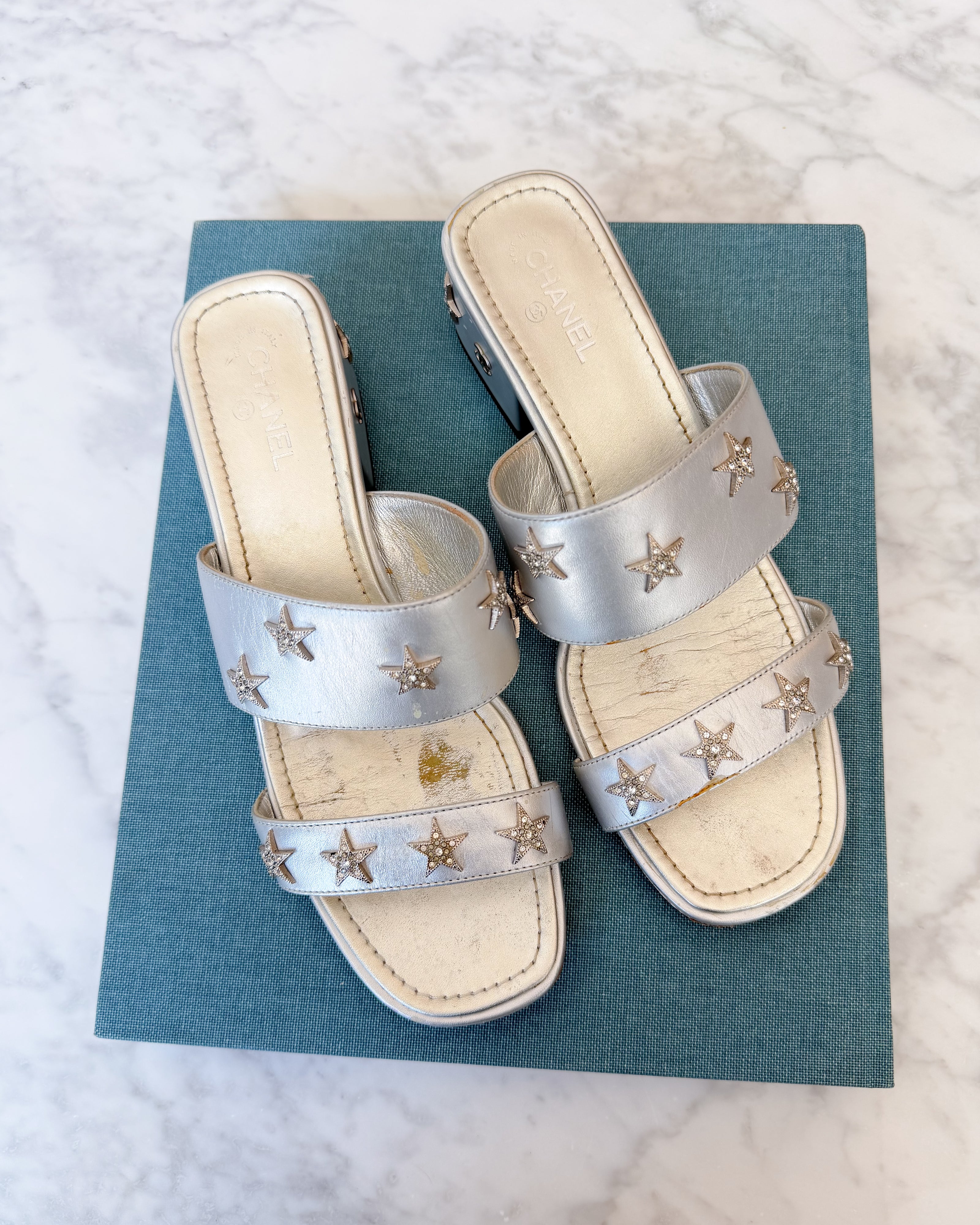Chanel Star Embellished Slide Sandals (37)