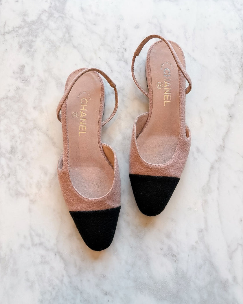 Chanel Pink Tweed & Black Cap-Toe Slingback Flats (38)
