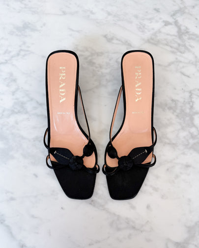 Archival Prada Black Satin Rose Kitten Heel Mules (38.5)