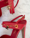 Chanel Watermelon Red Leather CC Logo Chain Open Toe Heels with Clover Charm (36.5)