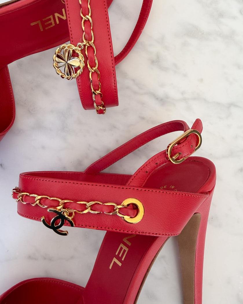 Chanel Watermelon Red Leather CC Logo Chain Open Toe Heels with Clover Charm (36.5)