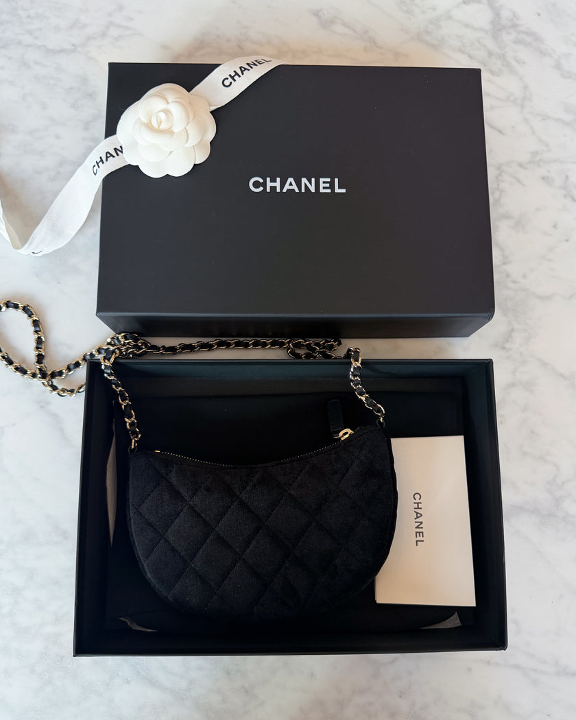 2024 Chanel Black Velvet Crystal CC Half Moon Bag