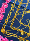 Chanel Vintage Large Silk Scarf CC Logo Pink Camellia Gold Chain Print (Brand New!)