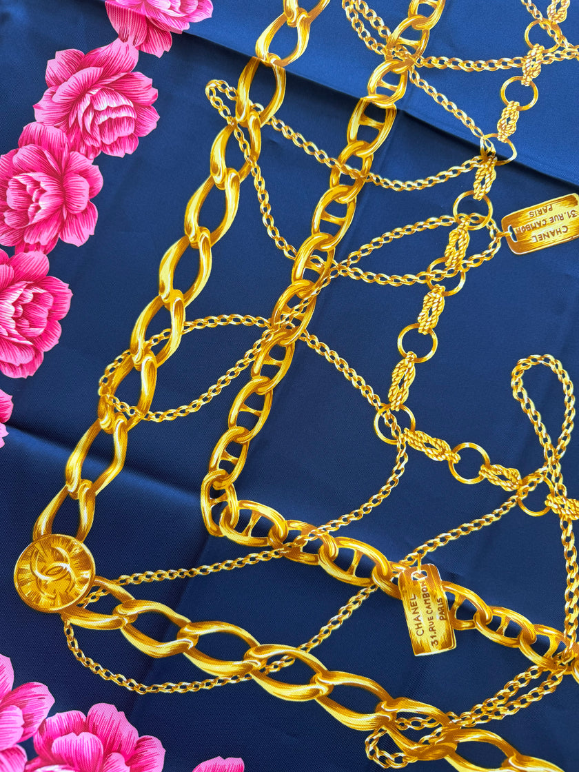 Chanel Vintage Large Silk Scarf CC Logo Pink Camellia Gold Chain Print (Brand New!)
