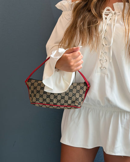 Gucci Boat Monogram Handbag with Red Handle