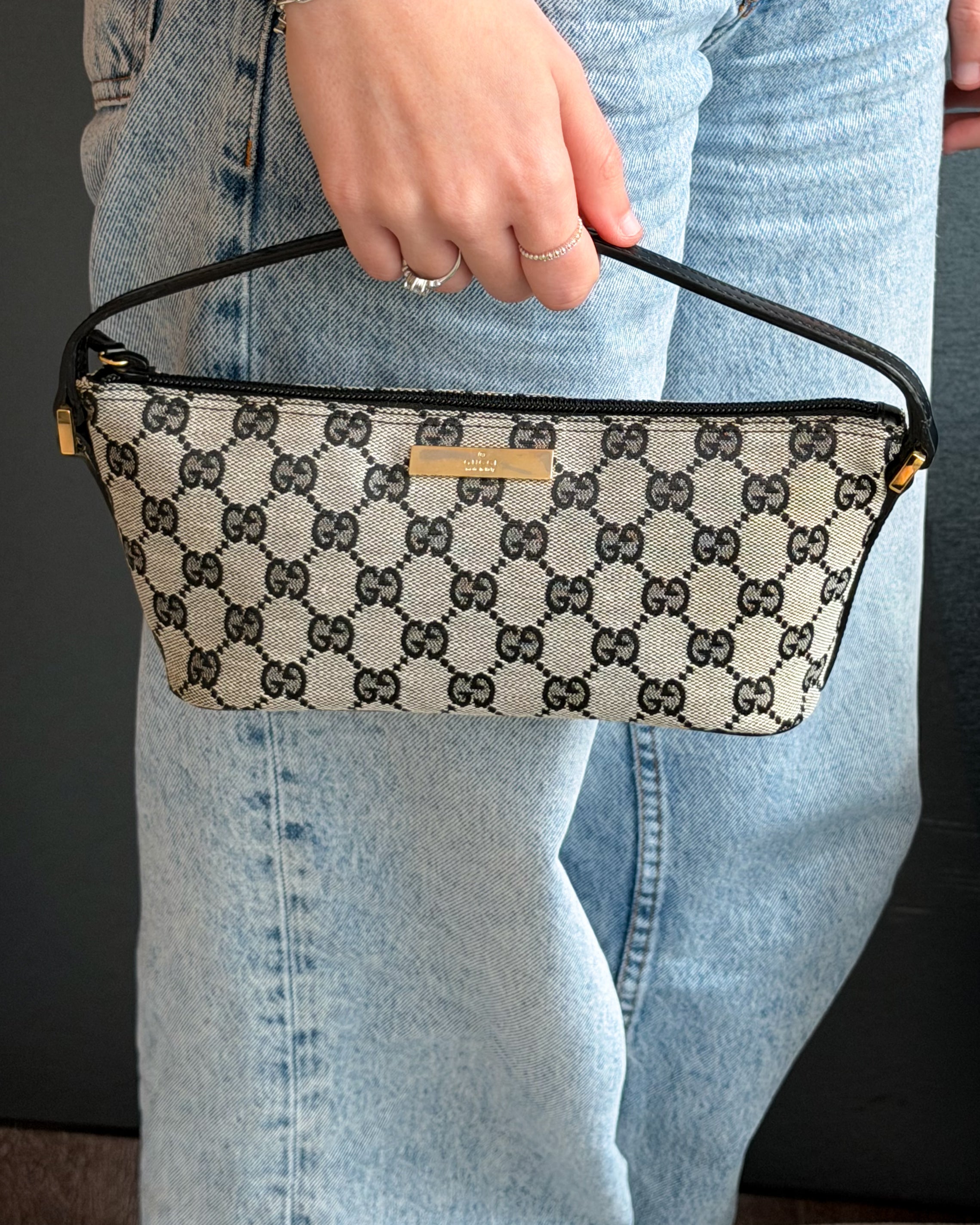 Gucci Boat Monogram Handbag with Black Handle