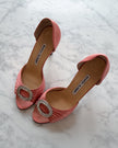 Manolo Blahnik Sedaraby Peach Pink Satin Heels with Crystal Buckle (35)