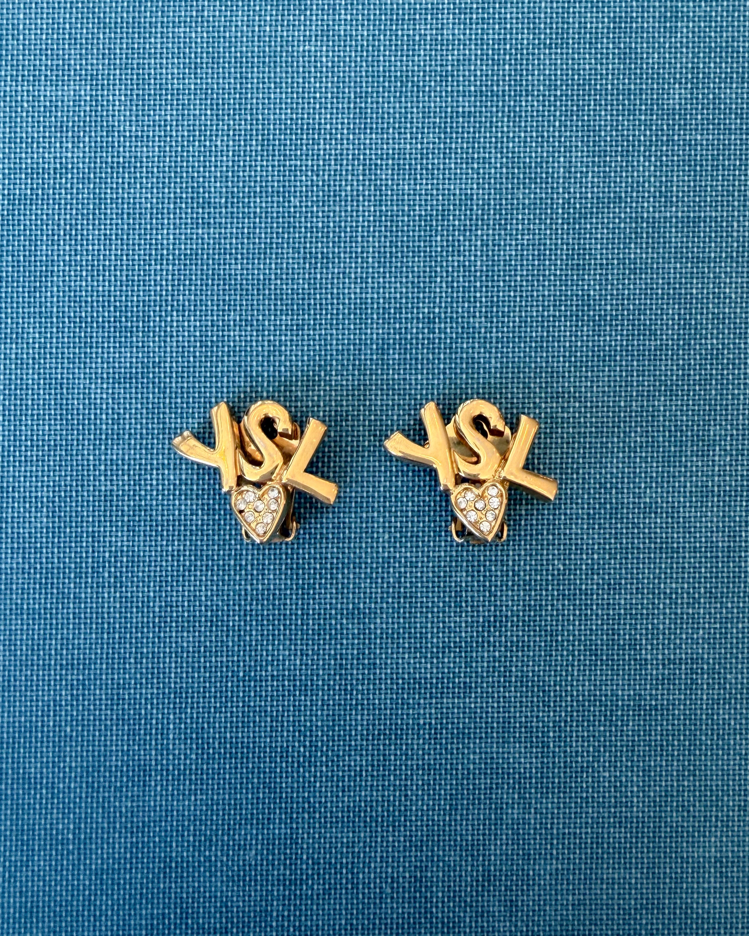 Yves Saint Laurent Vintage Gold-Tone Logo Heart Clip-On Earrings with White Crystals