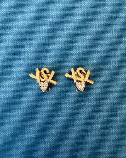 Yves Saint Laurent Vintage Gold-Tone Logo Heart Clip-On Earrings with White Crystals