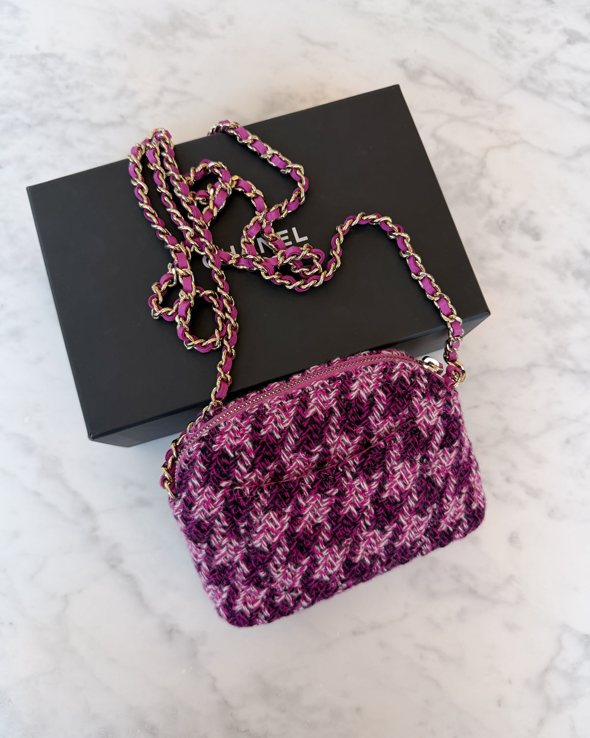 UNWORN Chanel Pink and Purple Tweed CC Chain Shoulder Bag with Gold Hardware