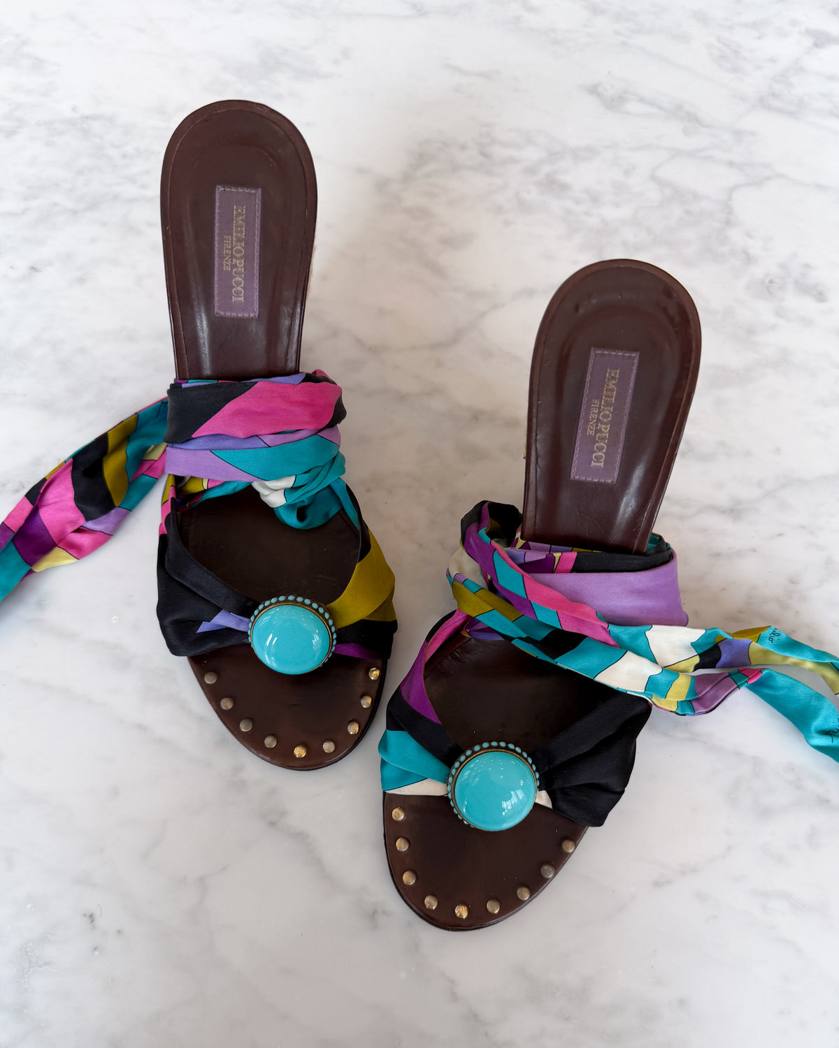 Emilio Pucci Multicolour Print Bow Wedge Sandals (38)