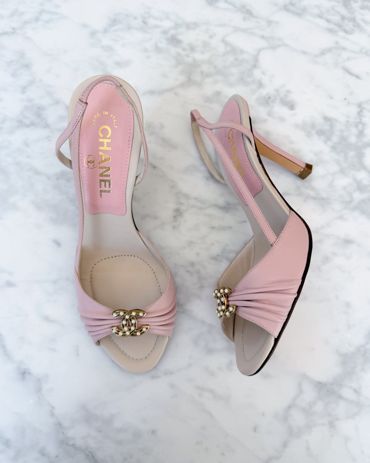 UNWORN Chanel Blush Pink Pearl CC Logo Slingback Heels (36.5) - VERY RARE