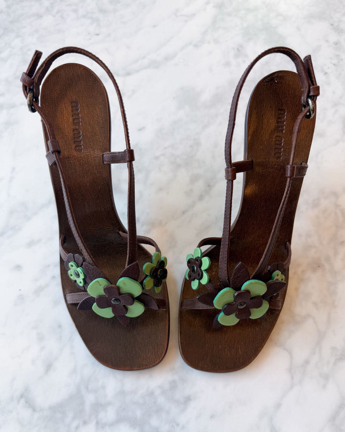 Miu Miu Floral Brown and Mint Green Sandals (39)