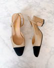 Chanel Gold Champagne Black Cap Toe Slingback Heels (35)