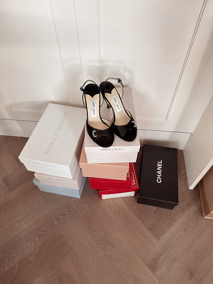 Jimmy Choo Black Satin Destino Heels with Crystal Buckles (36.5) RRP $630