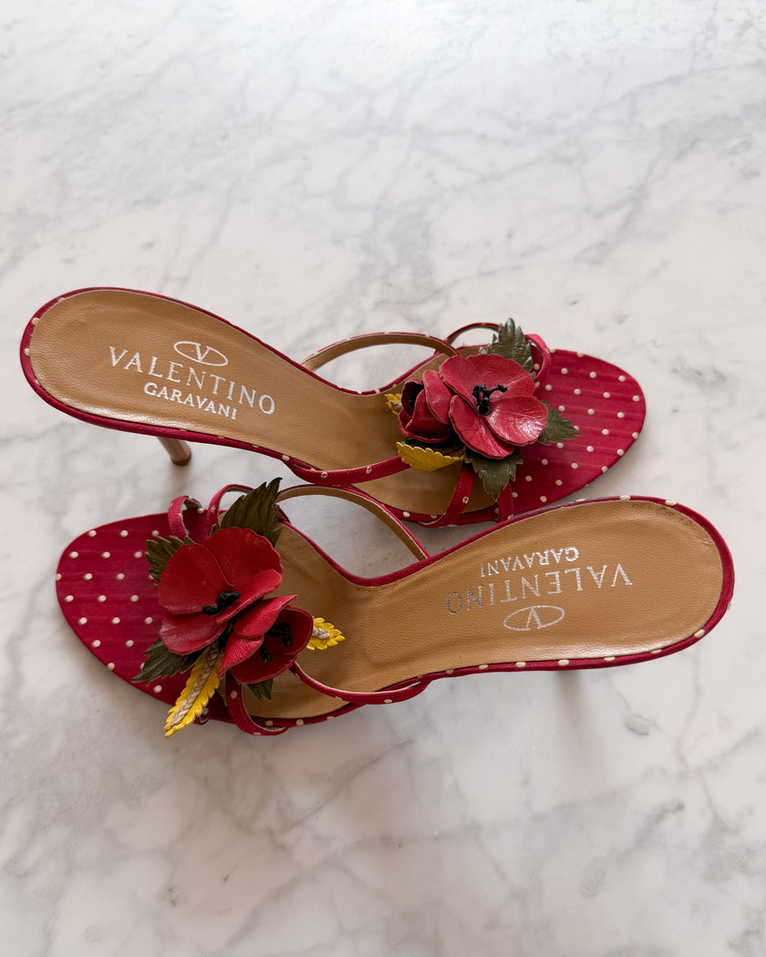 Valentino Garavani 2000s Red Polka Dot Poppy Floral Appliqué Mule Heels (40)