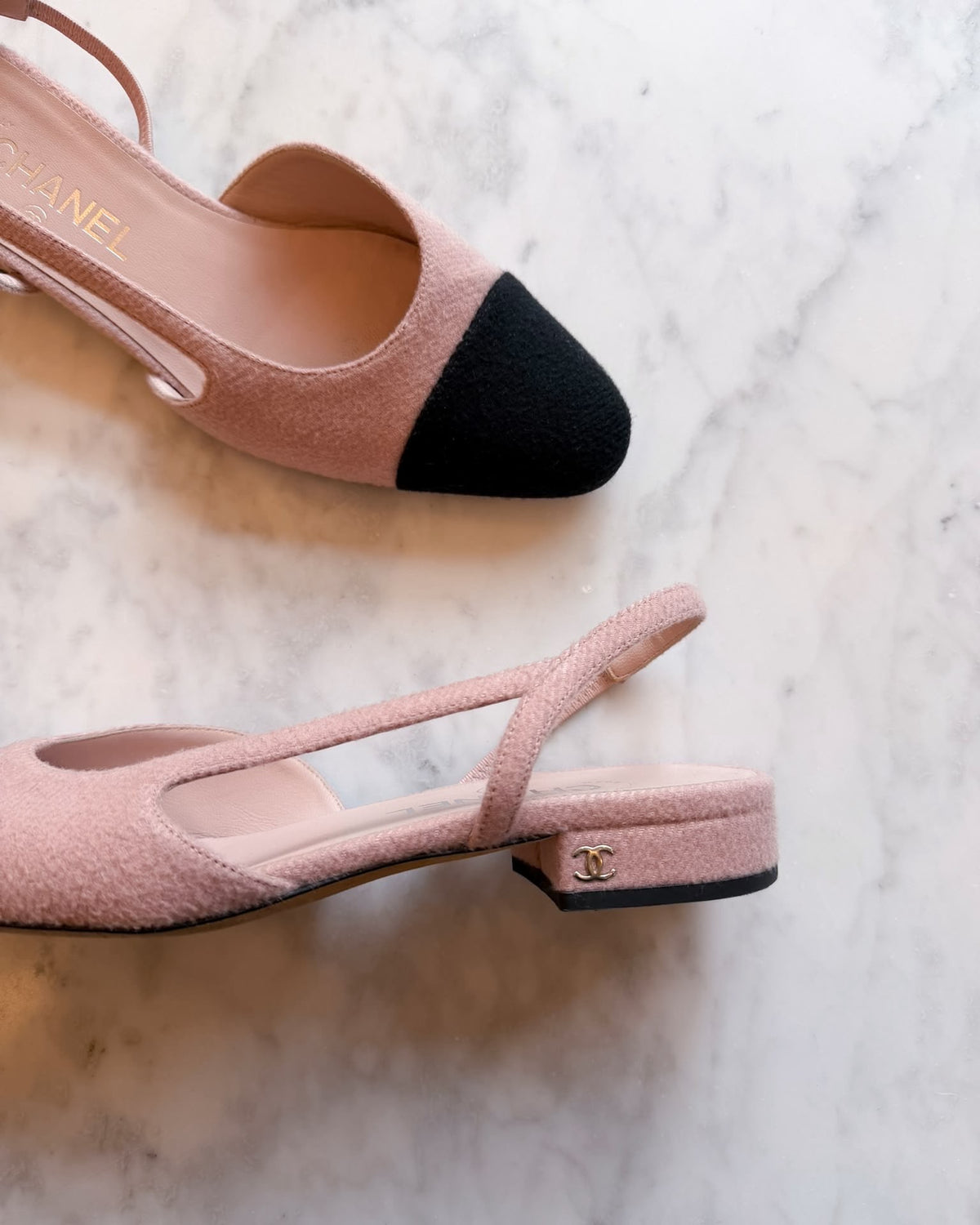 Chanel Pink Tweed & Black Cap-Toe Slingback Flats (38)