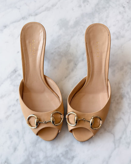 Gucci Horsebit Beige Leather Kitten Heels (37.5)