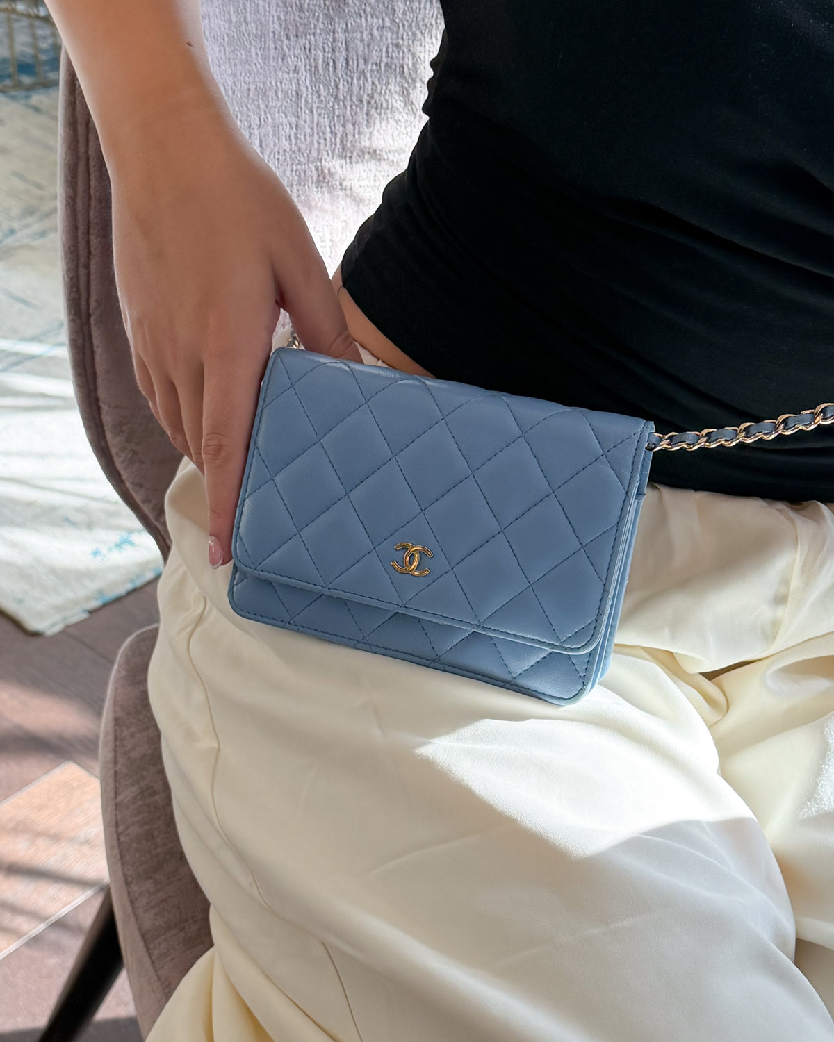 Chanel Sky Blue Quilted Lambskin Wallet On Chain Gold Hardware - 2020