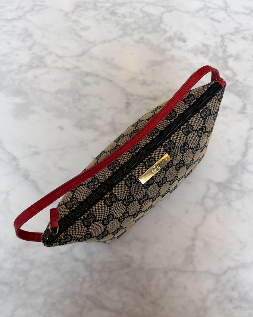 Gucci Boat Monogram Handbag with Red Handle