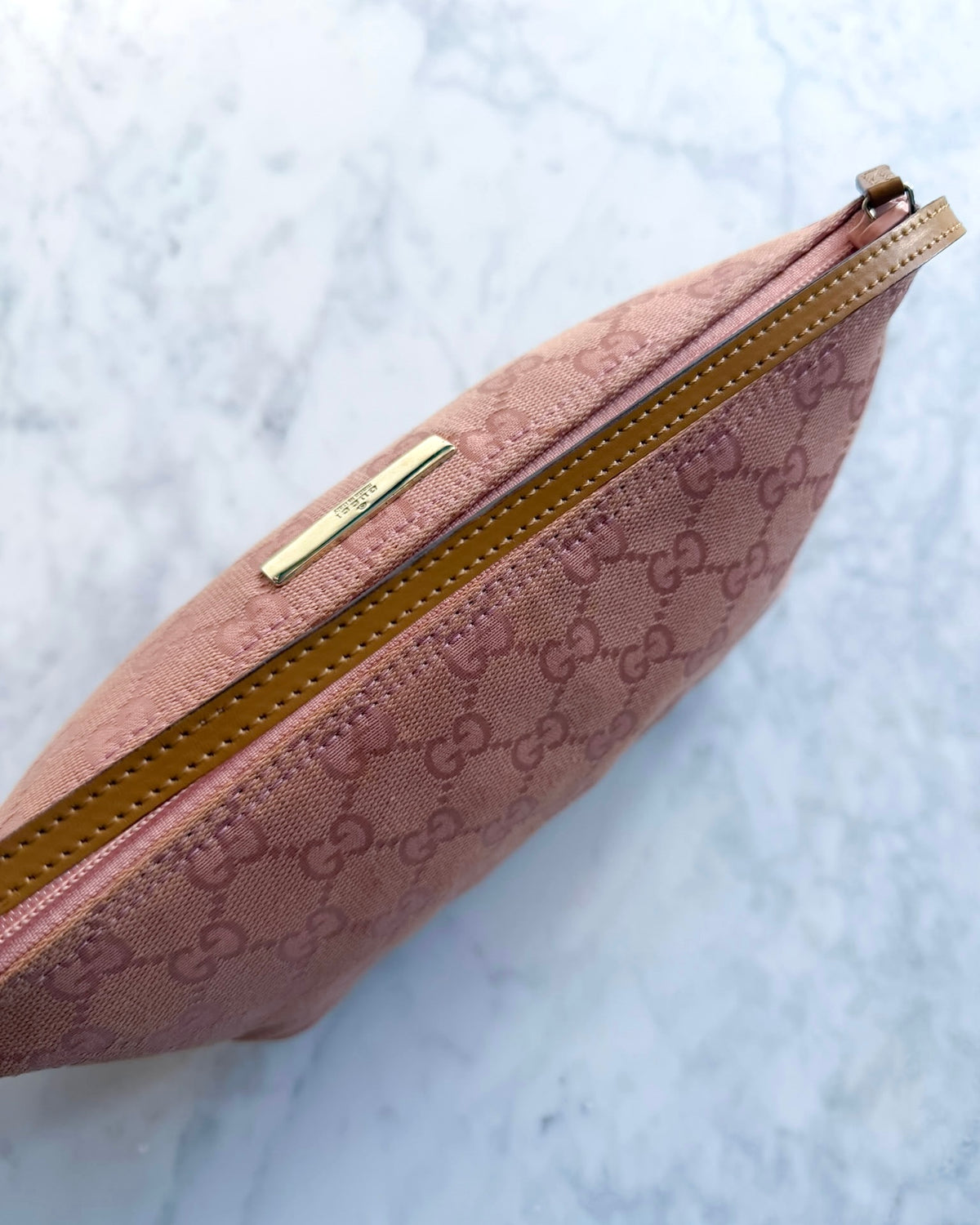 Gucci Baby Pink GG Monogram Boat Handbag with Camel Handle - RARE COLOUR